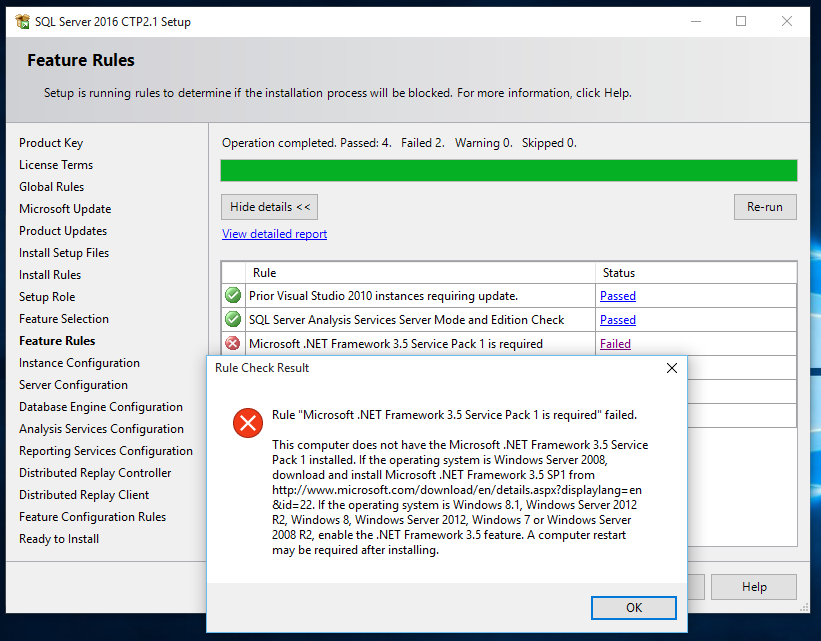 Microsoft .NET Framework 3.5 Service Pack 1 is required for SQL Server 2016 installation