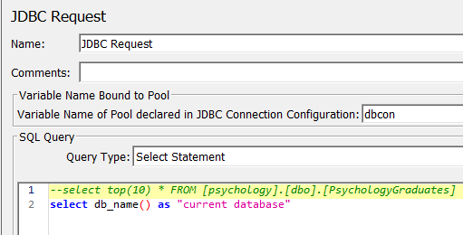 SQL select query for JMeter SQL Server JDBC connection