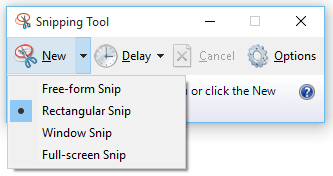 Snipping Tool snip oftions for new screen capture