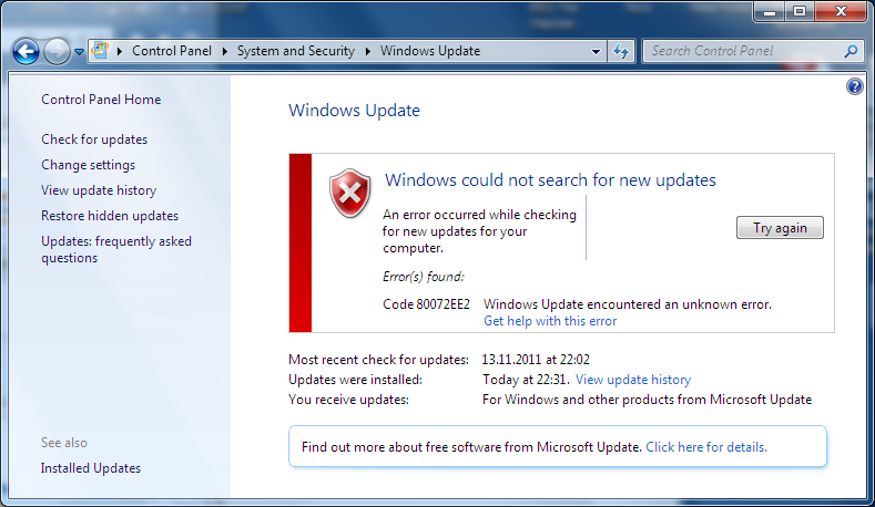 Windows Update Error Message 80072Ee2 Windows