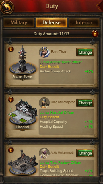 assign duty generals for important city defense buildings
