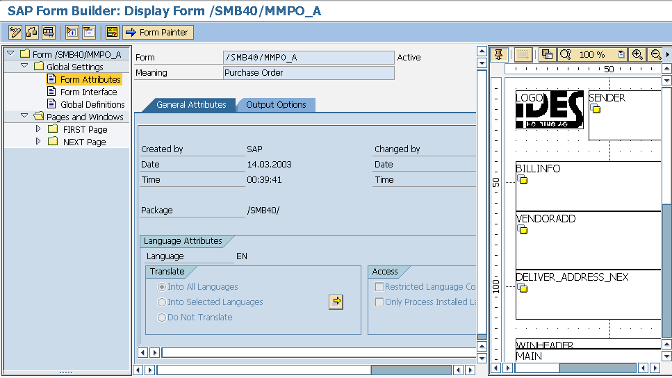 Purchase Order form in SAP Smart Forms Builder screen