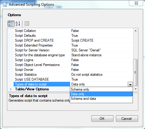advanced scripting options types of data to script