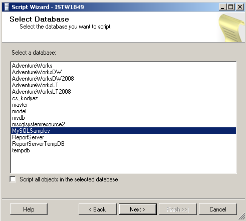 select sql database for scripting database objects