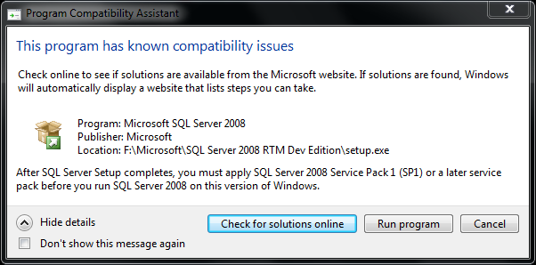 MS SQL Server 2008 installation on Windows 7 requires SQL2008 SP1