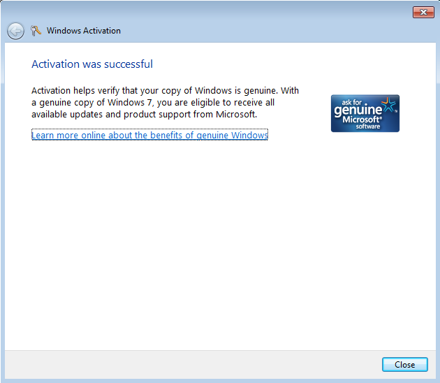 Windows 7 activation successful