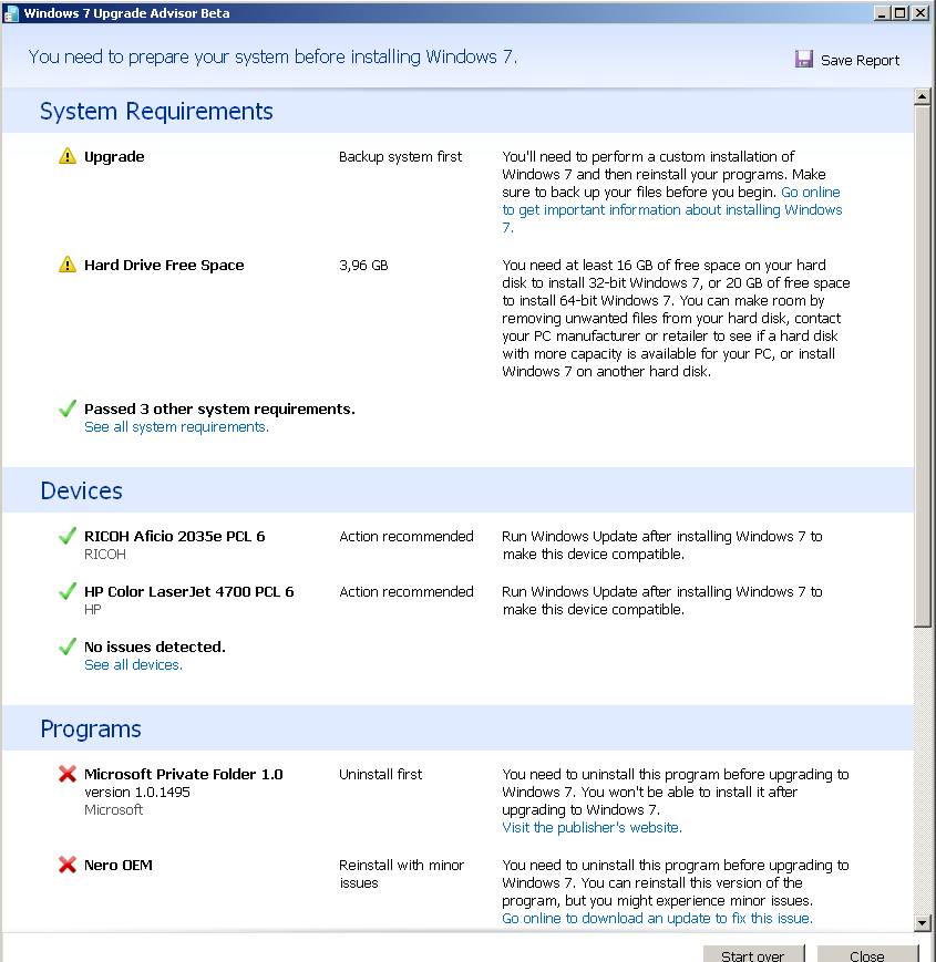 Windows 7 Upgrade Advisor Beta sample report