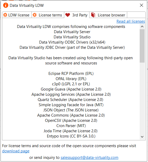 3rd party license details on Data Virtuality LDW software