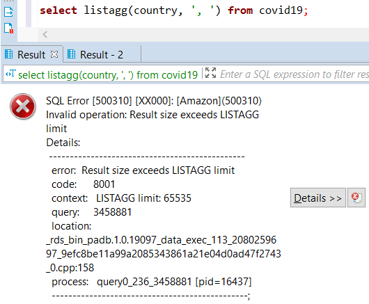Amazon Redshift SQL error: result size exceeds ListAgg limit