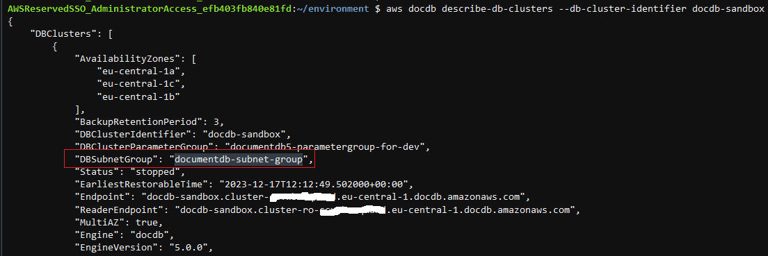 AWS CLI command for Amazon DocumentDB cluster details