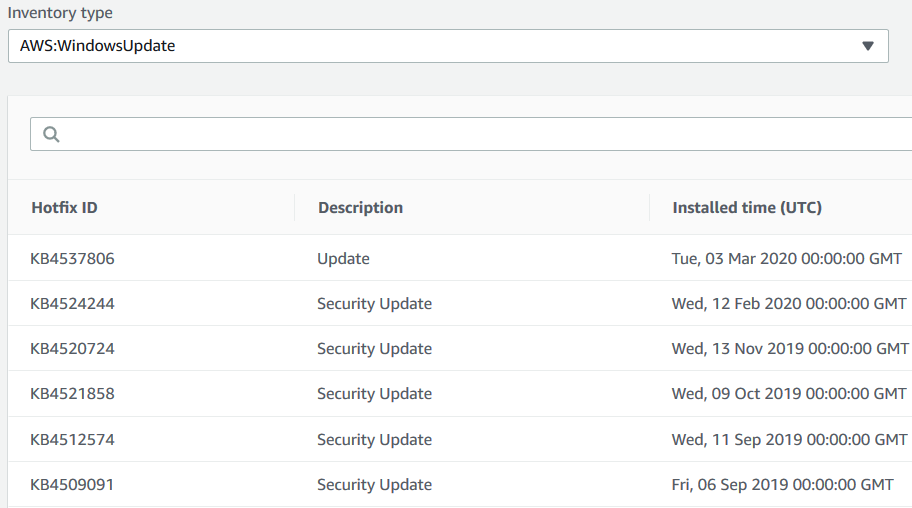 AWS Software Inventory listing Windows Updates