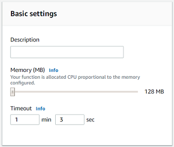 AWS Lambda function memory and timeout settings