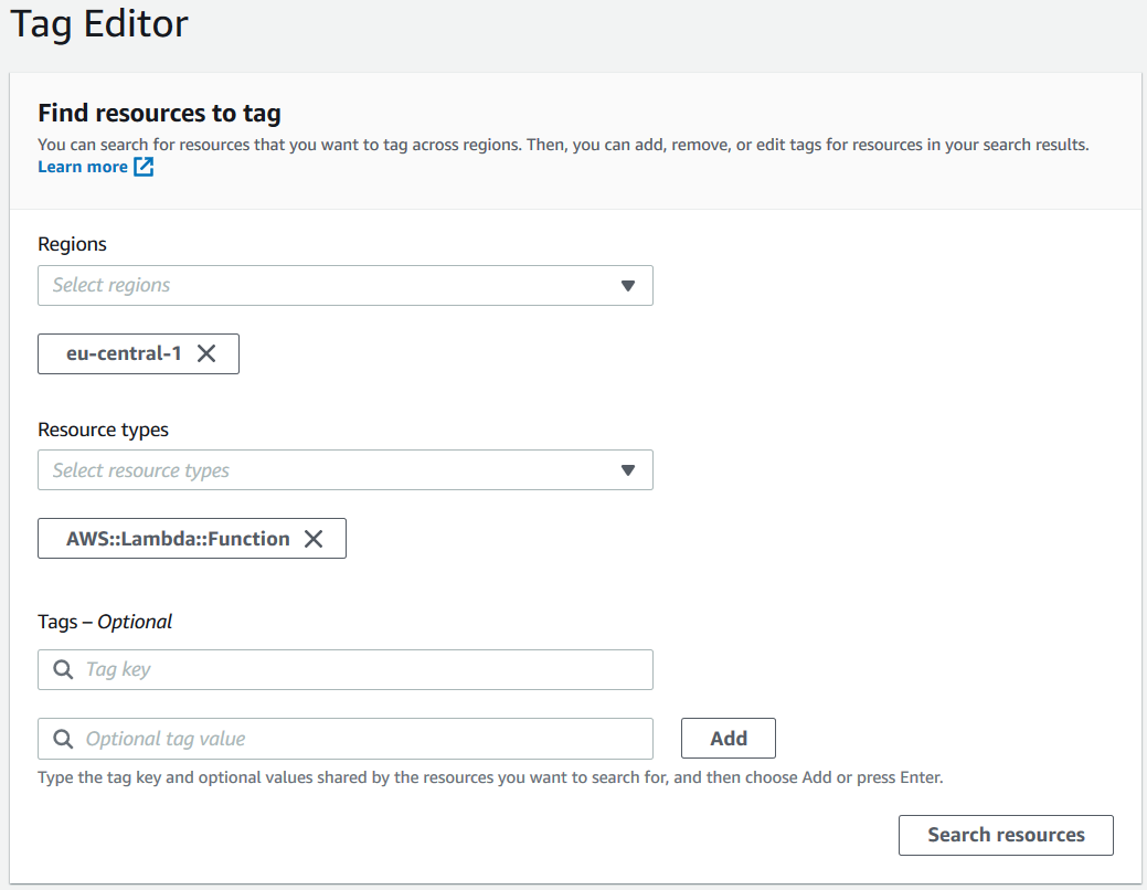 list AWS Lambda functions in a region using Tag Editor tool