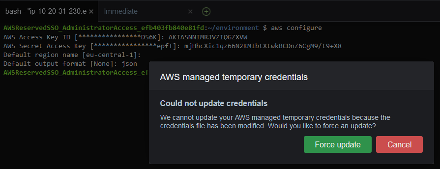 cannot update AWS managed temporary credentials