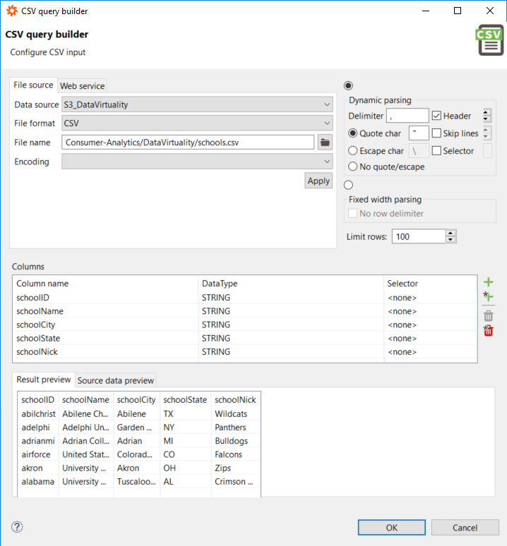 configure CSV input for CSV Query Builder Data Virtuality tool