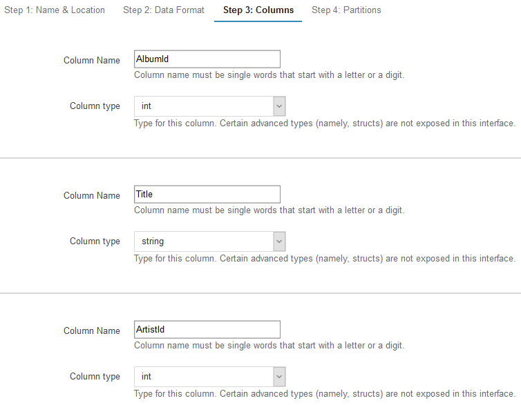 create Amazon Athena table columns defining column names and data types