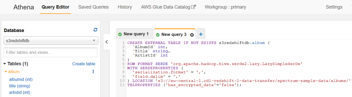 create external table in Amazon Athena database for data in Amazon S3 buckets