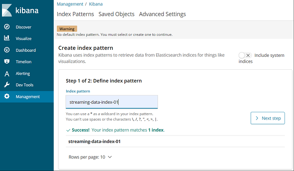 create index pattern on Kibana