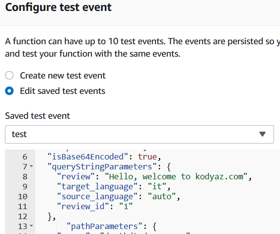 test data configuration for Amazon Lambda function execution