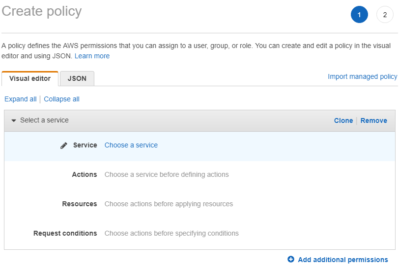 choose AWS service to create policy for IAM user