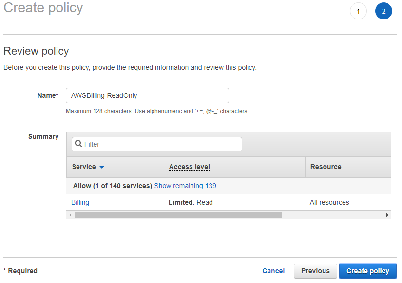 create policy for display only access to AWS Billing service