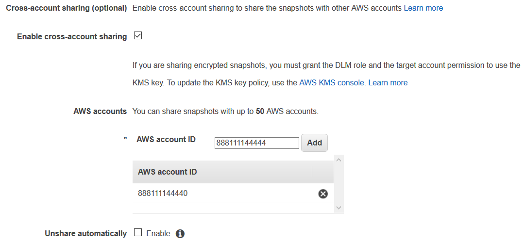 Cross-account sharing for EBS volume snapshots