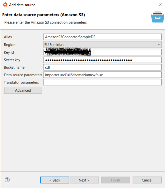 data source parameters for Amazon S3 connector