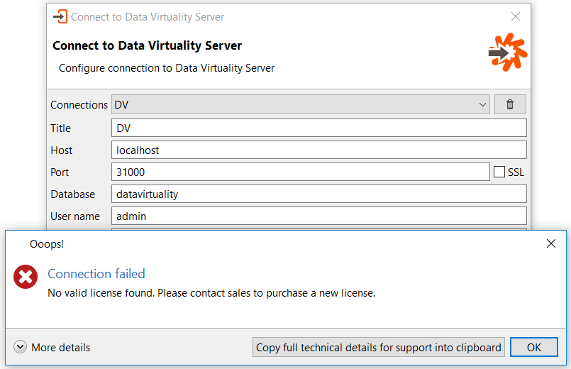 connect to Data Virtuality fails due to no valid license