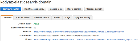 Amazon Elasticsearch domain details in dashboard screen