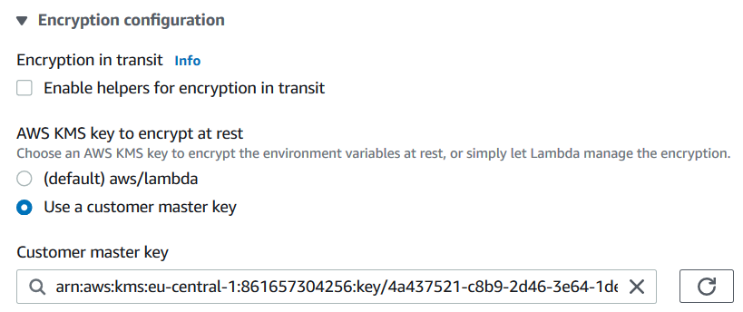 AWS Lambda Function Environment Variables Encryption Configuration