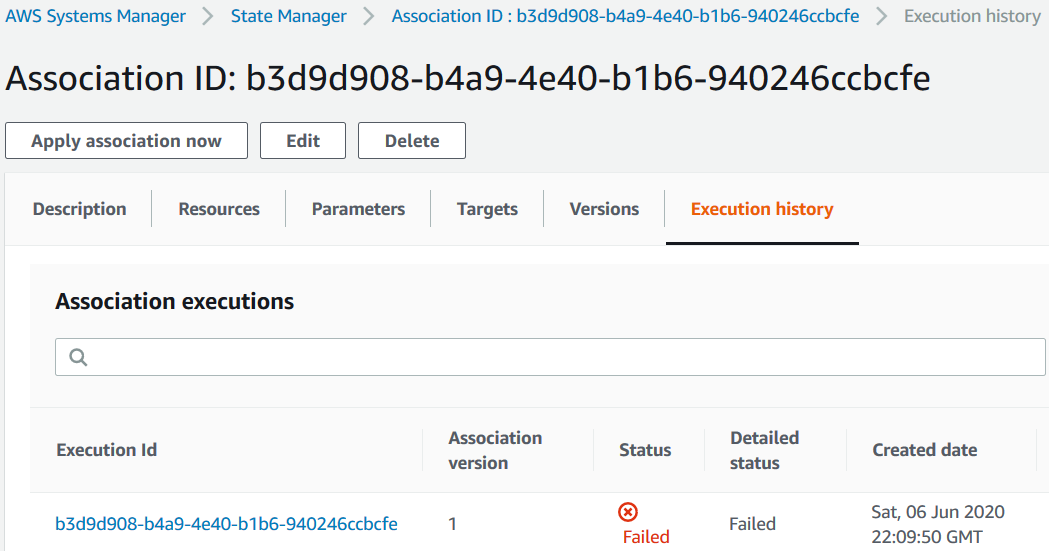 failed execution of AWS Inventory association