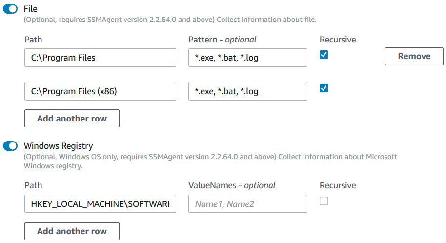 AWS Inventory parameters File and Windows Registry