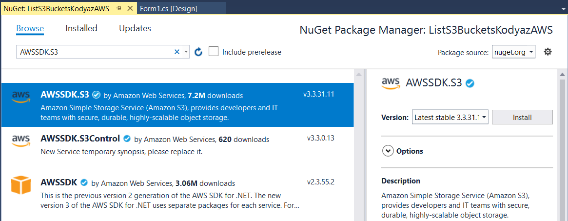 install AWSSDK.S3 NuGet package in Visual Studio AWS project