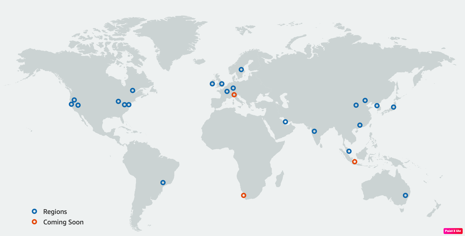 most recent locations list of AWS Regions shown on the World map