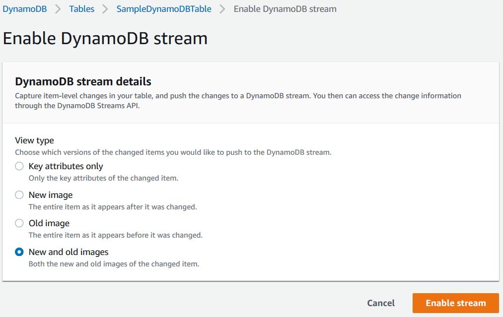 enable stream for Amazon DynamoDB table
