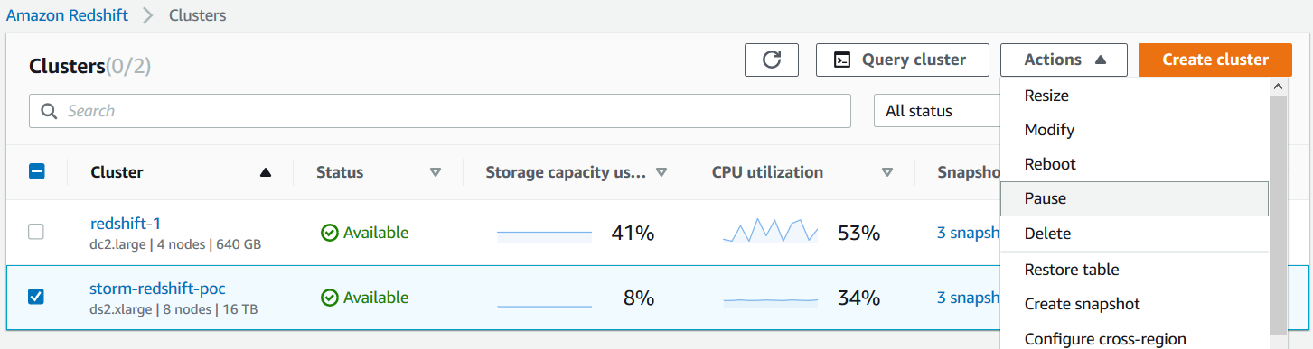 Pause Redshift cluster using Action menu