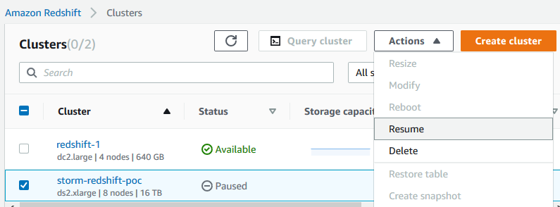 resume Amazon Redshift cluster from paused state