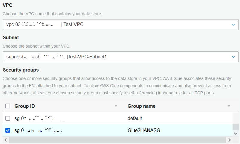 AWS Glue connection network and security group properties