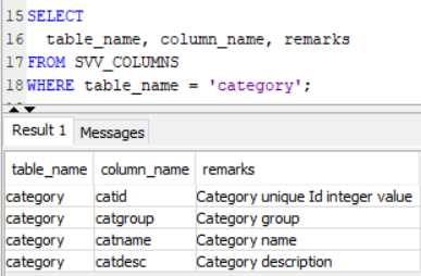 Redshift table columns with comments on remarks column