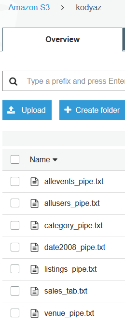 text files stored in Amazon S3 bucket folders for sample data