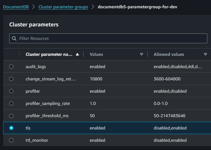 DocumentDB cluster parameter group configuration for TLS connection