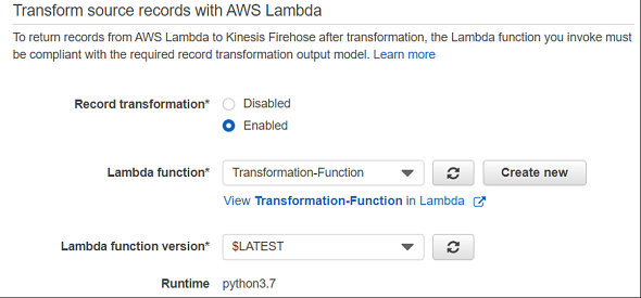 record transformation using AWS Lambda function for Amazon Kinesis Firehose delivery stream