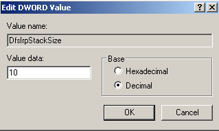 registry key DfsIrpStackSize for no_more_irp_stack_locations