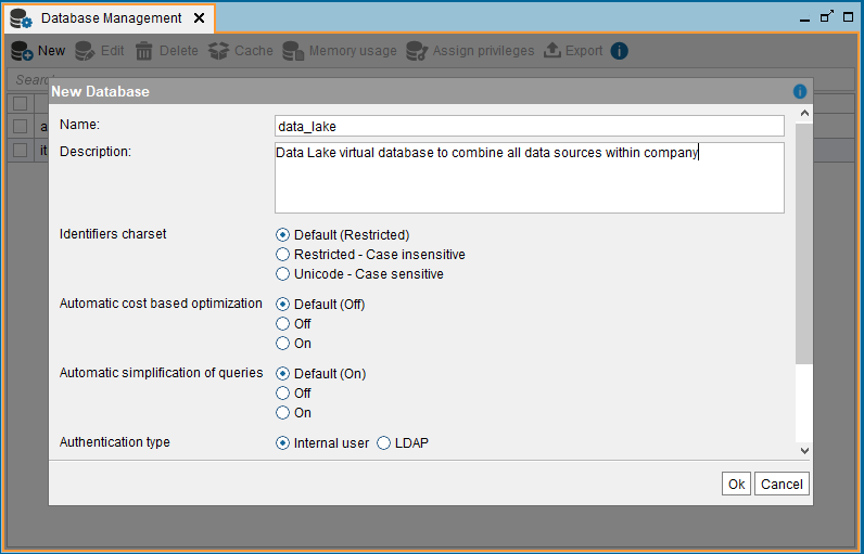 create new virtual database on Denodo Virtual DataPort