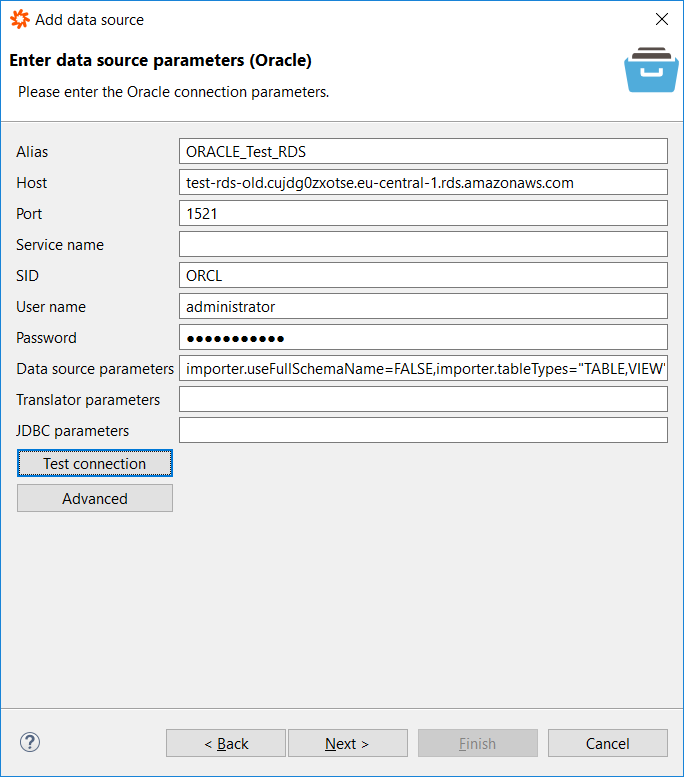 connection parameters for Amazon RDS for Oracle connection on Data Virtuality