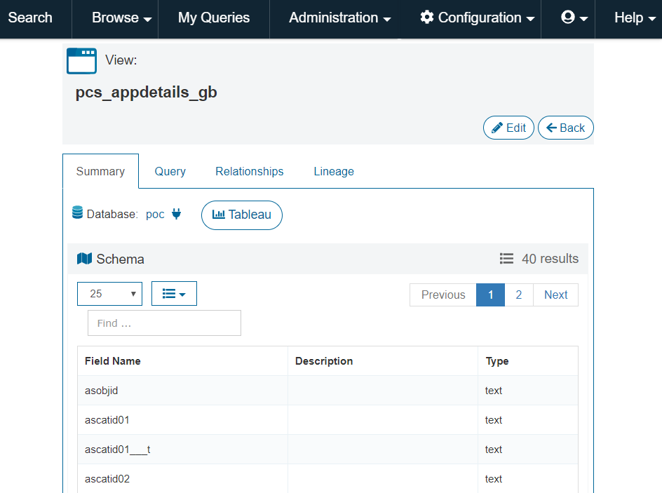 Denodo Data Catalog view columns