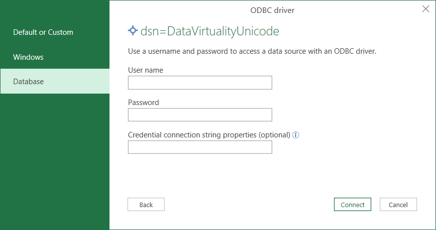 Data Virtuality credentials for Excel ODBC data source