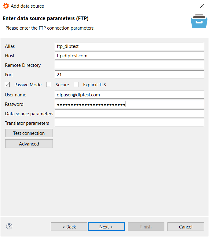 FTP server connection parameters on Data Virtuality data source