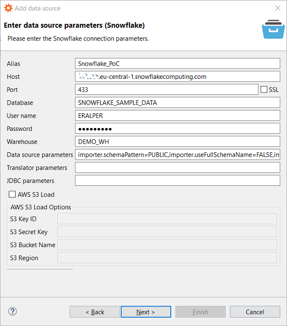 Data Virtuality Snowflake database connector parameters