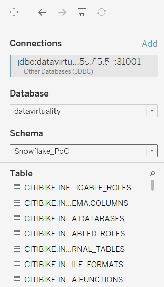 display database tables in Tableau connected to Data Virtuality server